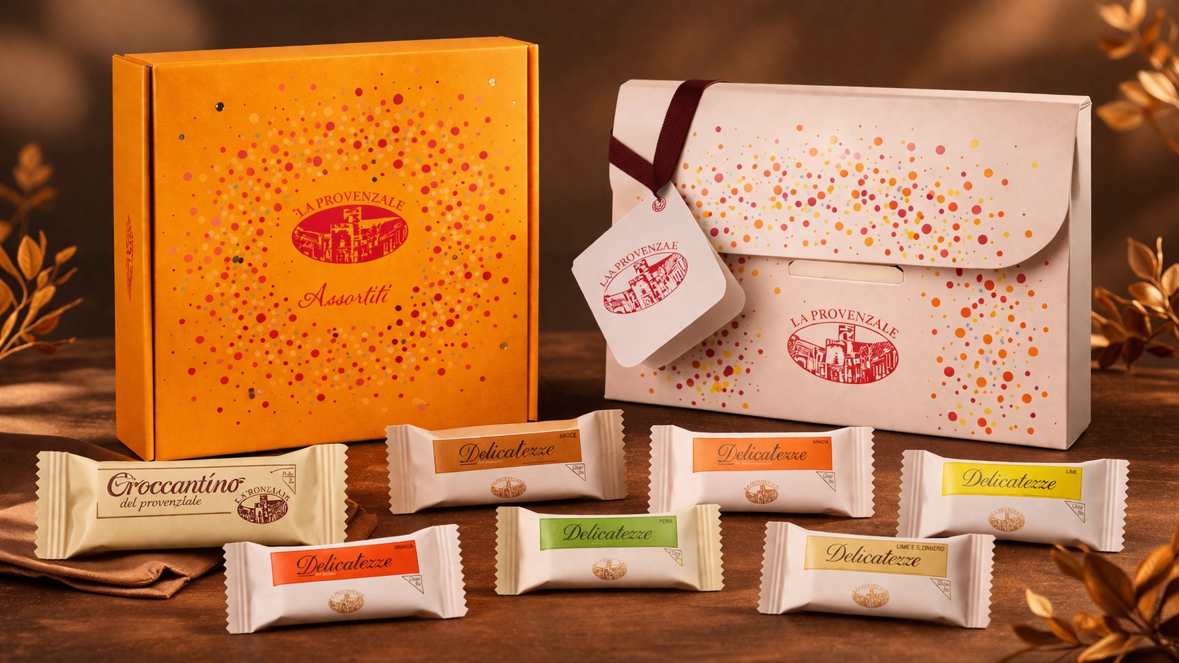 La Provenzale orange and cream assorted gift boxes with individually wrapped confections